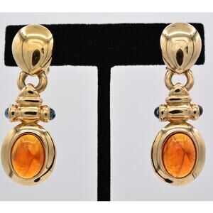 Ultima Edizione Vintage Cabochon ClipOn  Earrings Amber Chunky Signed 80s BinAR